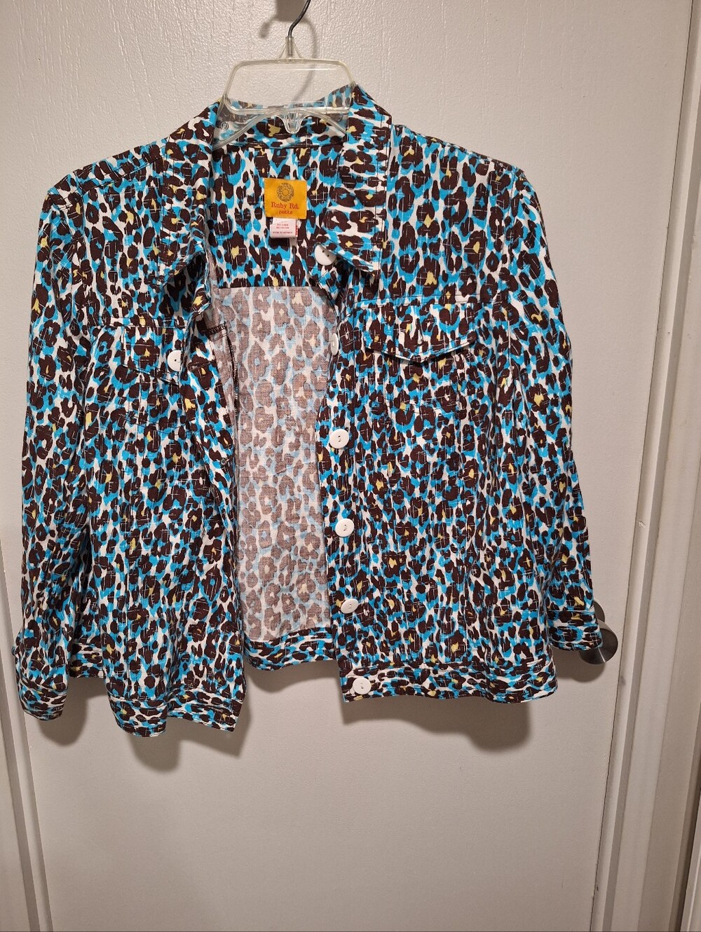 Ruby Rd. 16P Teal & Brown Leopard Print Button-Front Jacket. Linen blend. - Picture 4 of 16